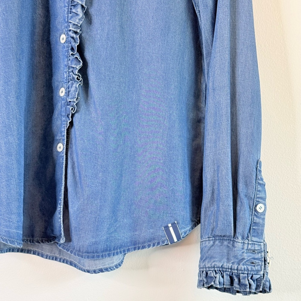NEW COURT & ROWE Ruffle Tencel Lyocell Button-Down Shirt in Denim Blue - Picture 6 of 10